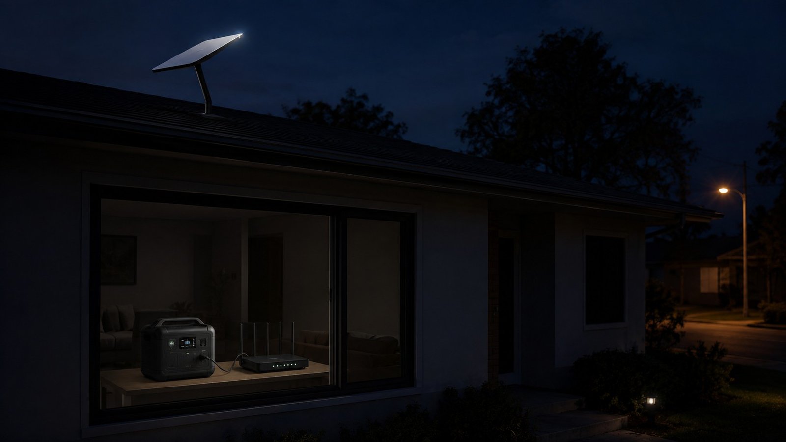 Casa em local sem energia, posta iluminando a rua ao fundo. Ilustrando artigo Starlink funciona quando falta luz?