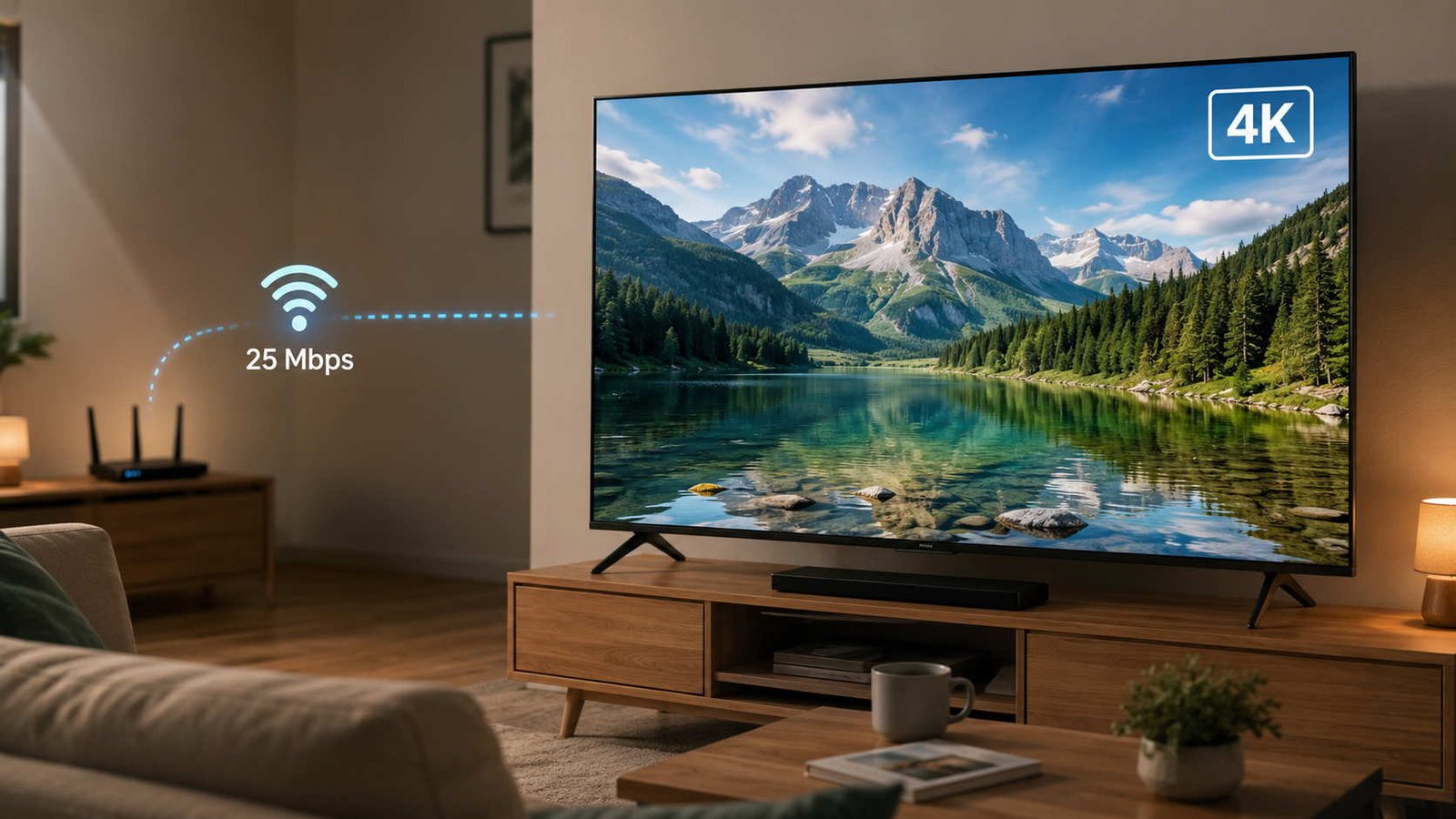 Sala de estar com TV tela plana, sofás, roteador enviando sinal para TV, ilustrando artigo sobre TV 4K precisa de quanto de internet?