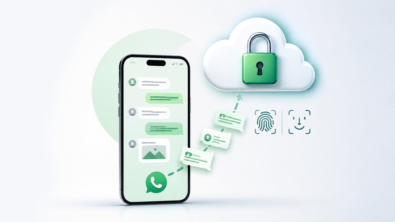 Ilustração de celular conectando a um serviço de criptografia representada por um cadeado e nuvem, alusivo a Vale a pena ativar backup criptografado do Whats