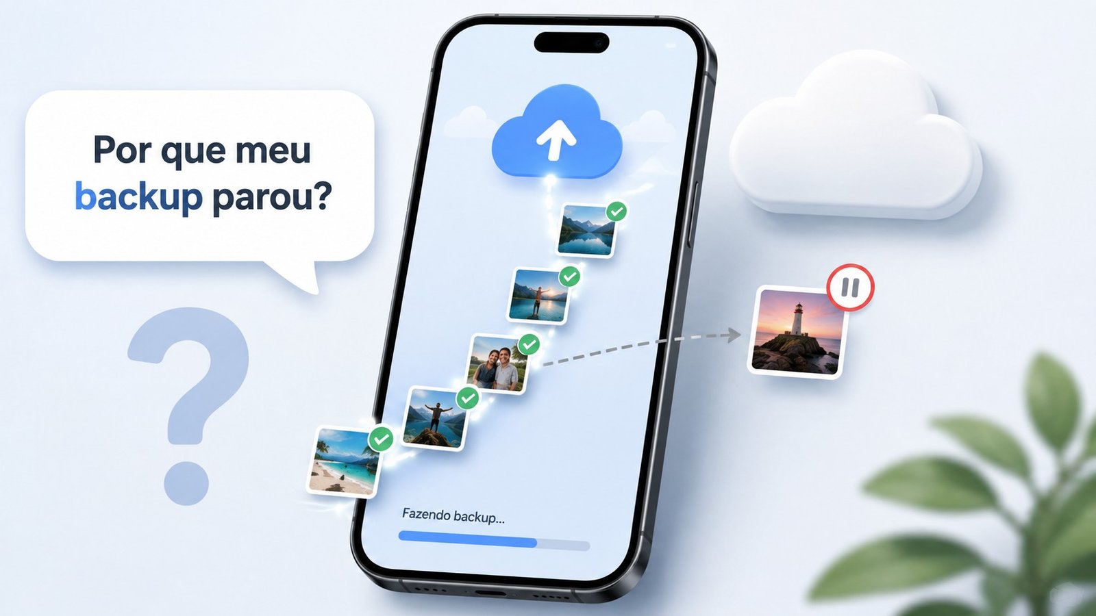 Smartphone exibindo envio de fotos para a nuvem, com uma imagem interrompida no caminho, ilustrando o problema de Backup do Google Fotos parado.