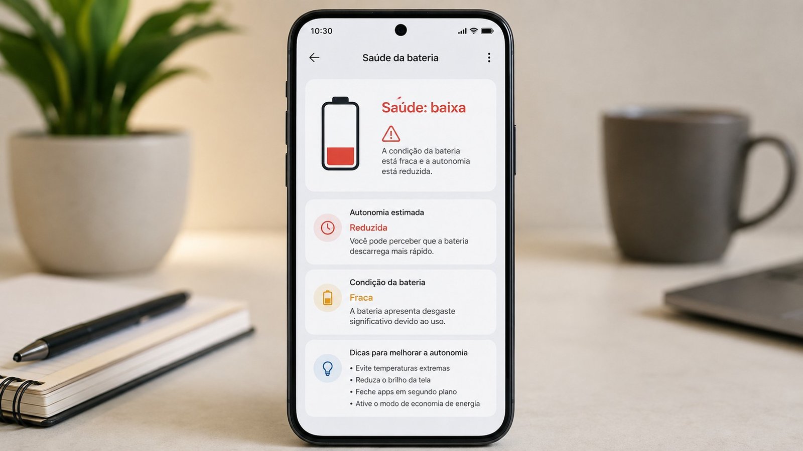 Smartphone exibindo um diagnóstico de saúde baixa da bateria, ilustrando a situação em que a bateria do celular está ruim e a autonomia está reduzida.