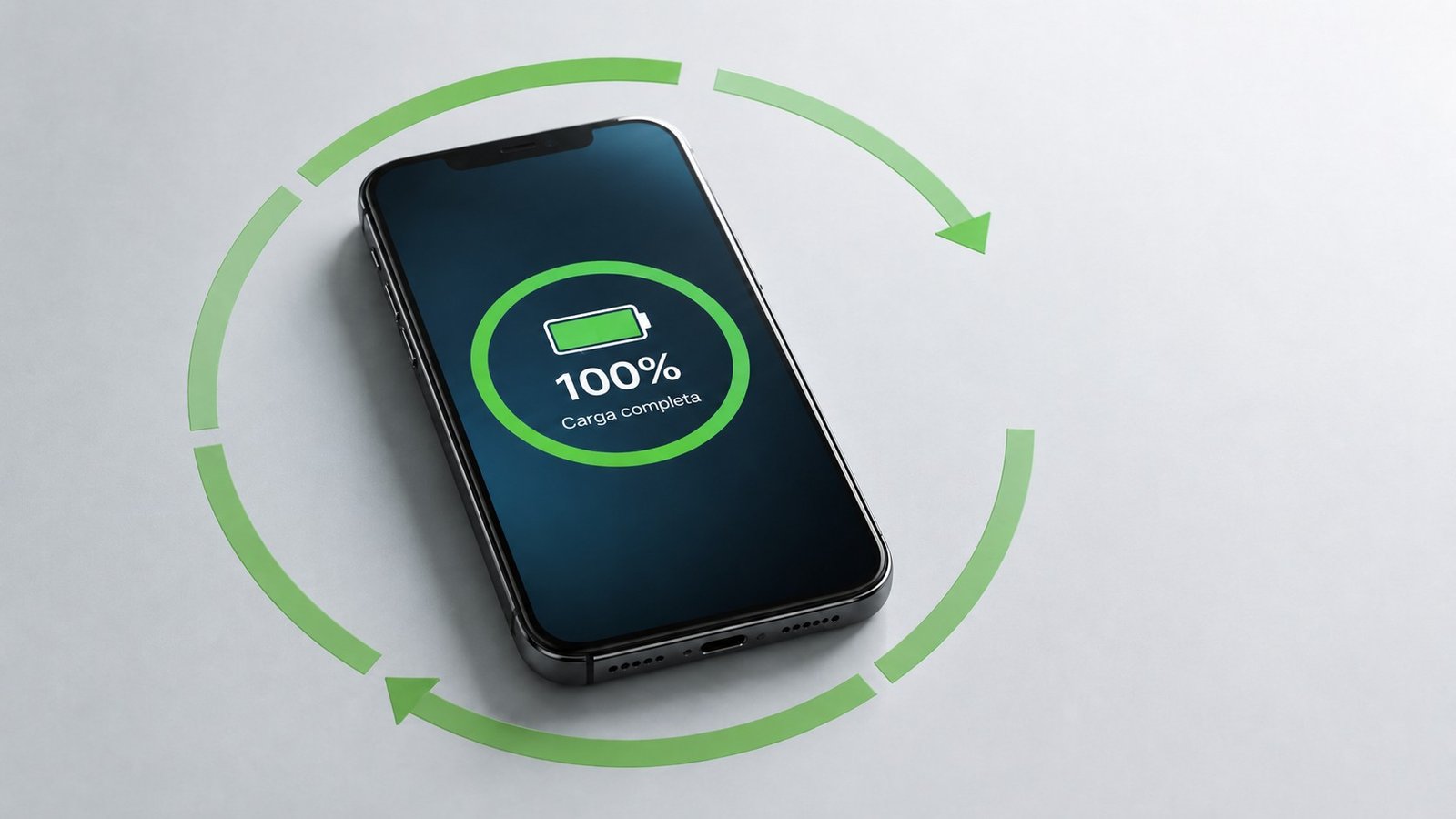 Smartphone com indicador circular de carga ao redor do aparelho, ilustrando visualmente o ciclo de bateria do celular e a ideia de uso acumulado ao longo do tempo.