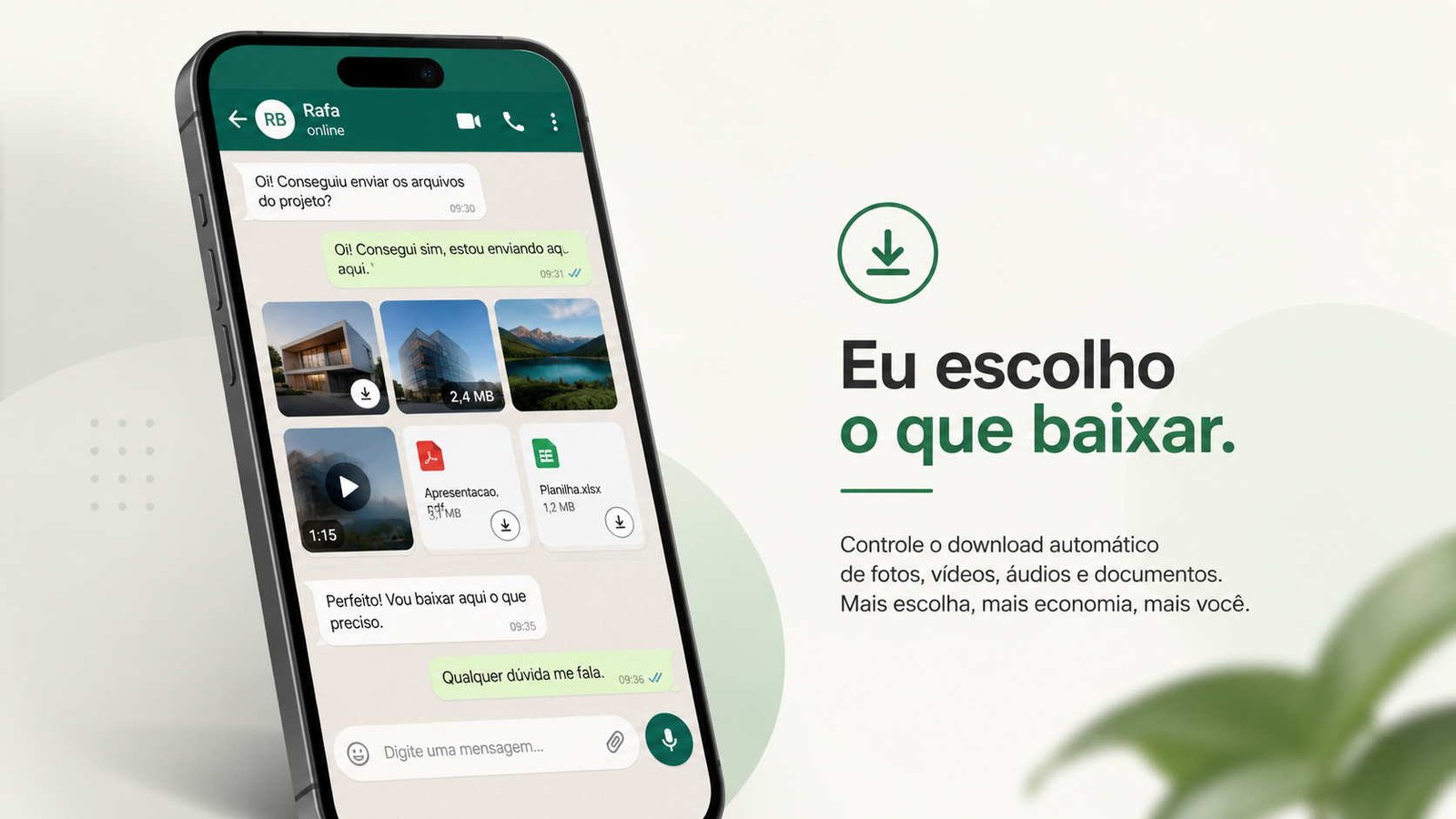 Celular inclinado à esquerda com tela do Whatsapp, à direita mensagem "eu escolho o que baixar", ilustrando artigo Como impedir downloads automáticos de mídias no WhatsApp