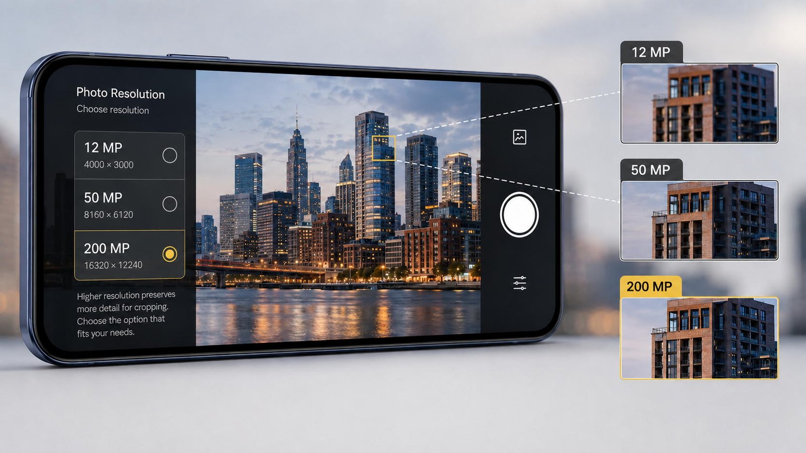 Smartphone com a câmera aberta e opções de 12 MP, 50 MP e 200 MP, ilustrando qual resolução usar no celular para fotografar e preservar detalhes em recortes.