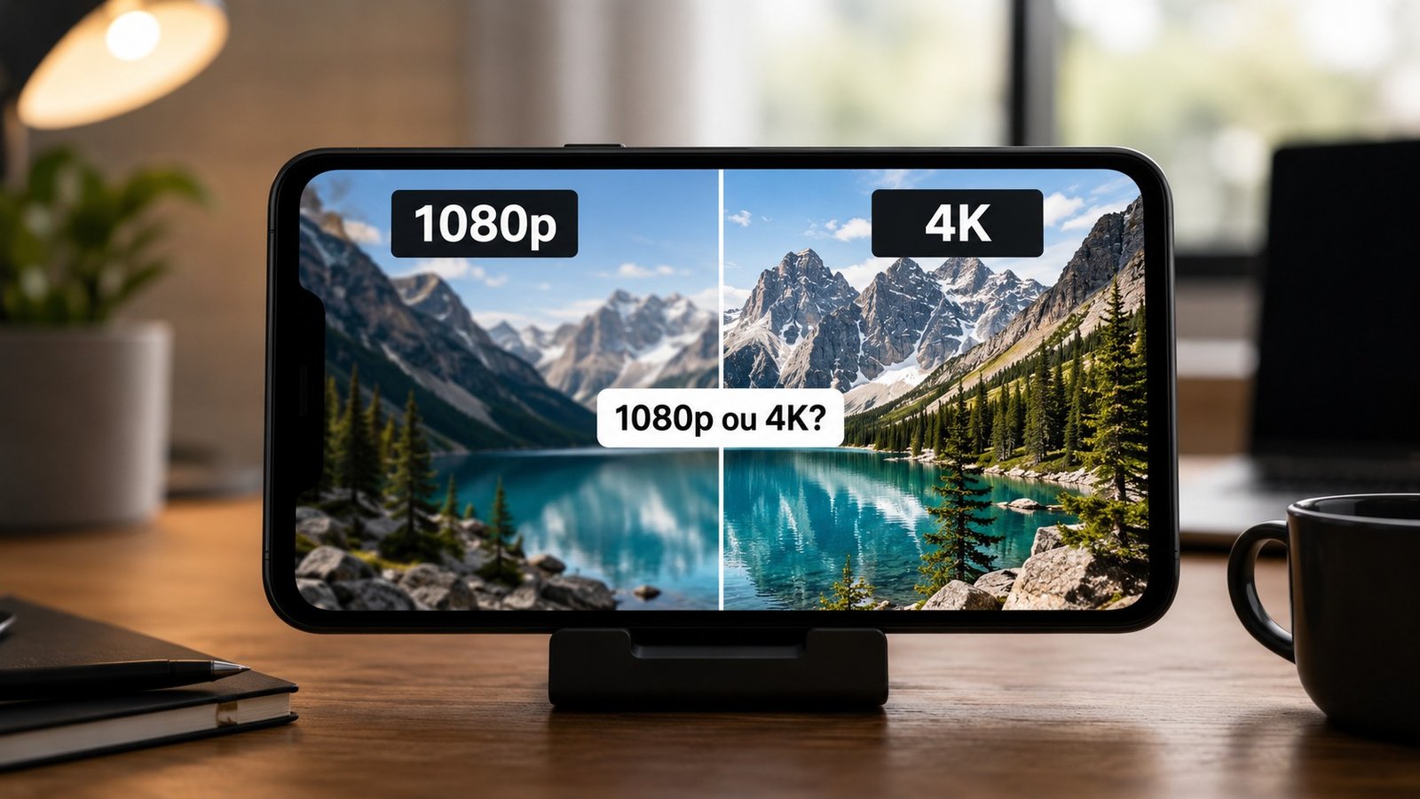 Smartphone exibindo uma comparação entre 1080p e 4K, ilustrando qual resolução usar para gravar vídeos no celular.