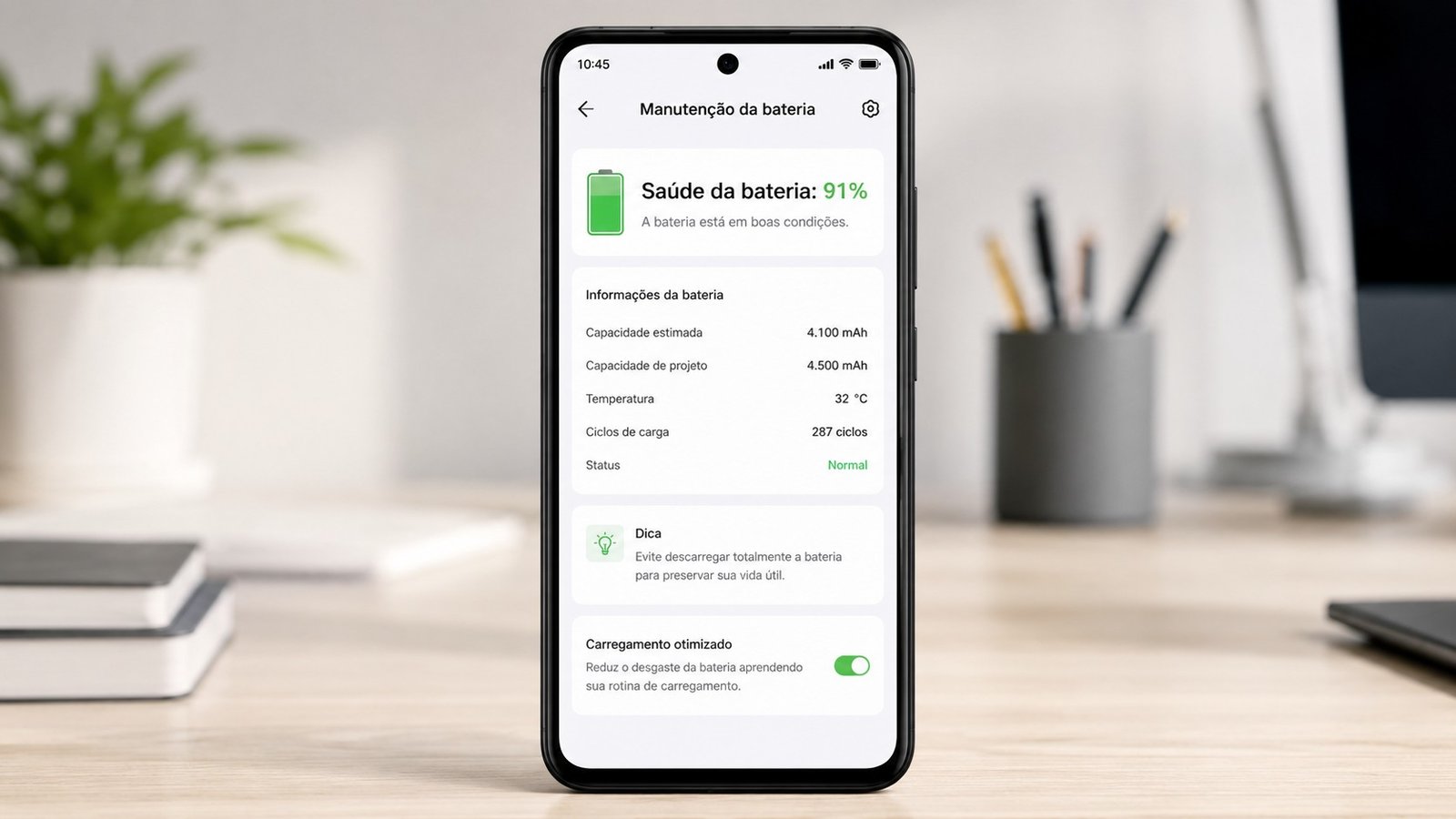 Smartphone exibindo uma tela de informações da bateria com indicador de saúde da bateria em Xiaomi, mostrando 91% e status normal.