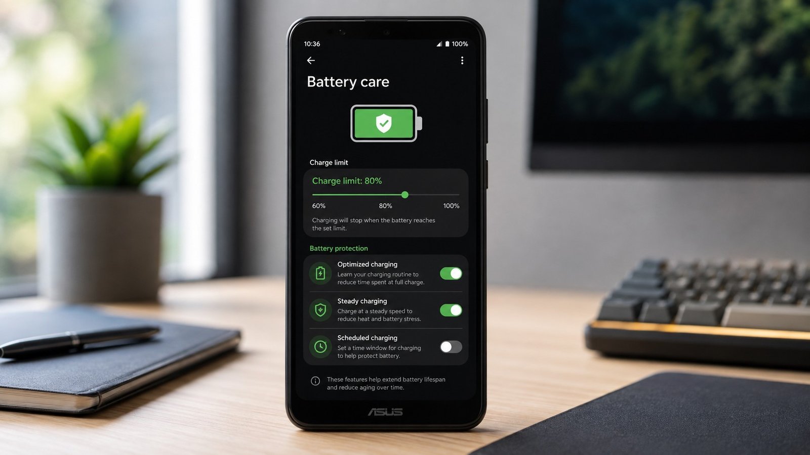 Celular ASUS exibindo informações de bateria e recursos de gerenciamento, ilustrando a saúde da bateria em celulares Asus.
