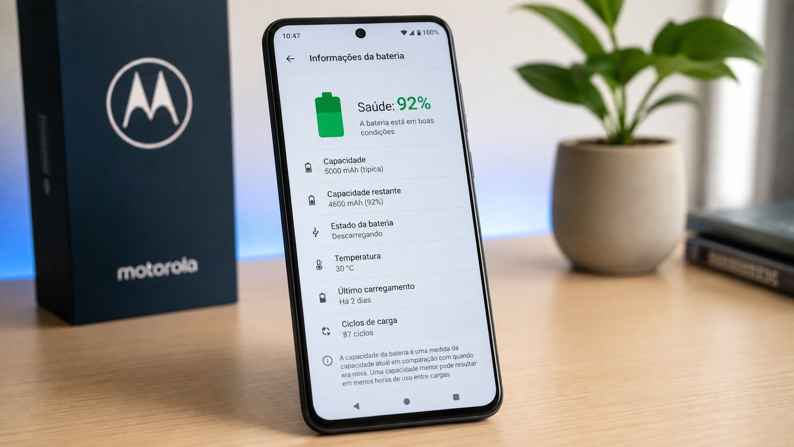 Celular Motorola exibindo uma tela de informações da bateria com indicador de saúde da bateria em celulares Motorola, mostrando status de 92% e dados de capacidade.