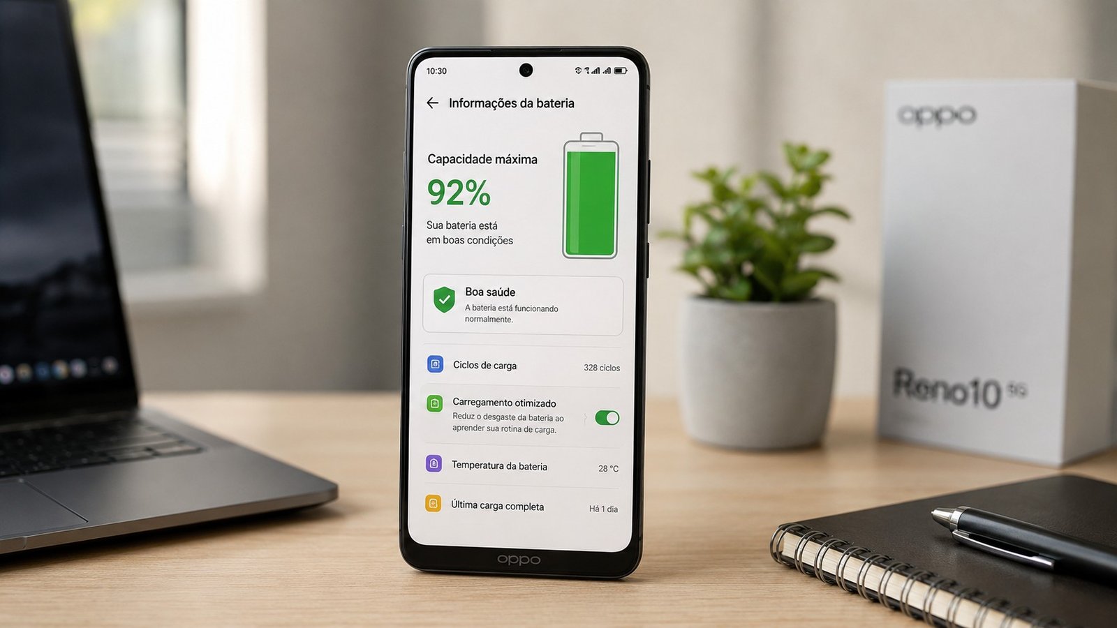 Smartphone OPPO exibindo uma tela conceitual de informações da bateria, ilustrando a saúde da bateria em celulares Oppo com capacidade máxima de 92%.