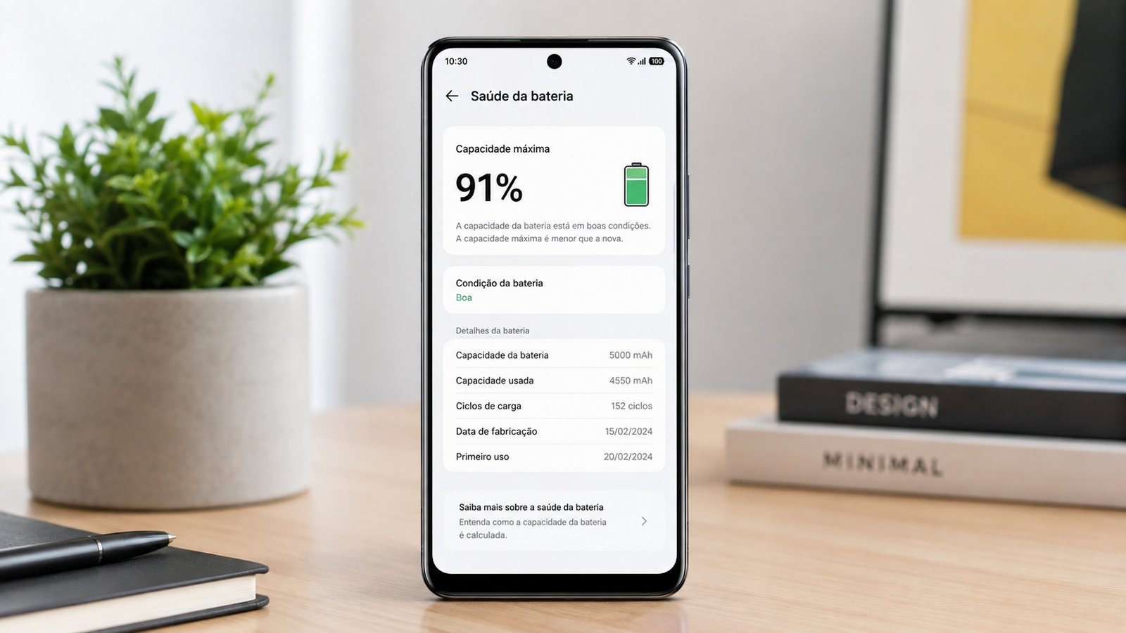 Celular realme exibindo uma tela de saúde da bateria em celulares realme, com capacidade máxima de 91% visível e indicador de condição da bateria.