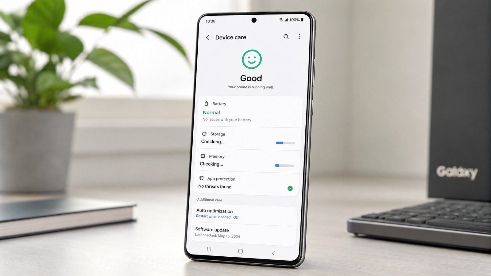 Samsung Galaxy exibindo uma tela de diagnóstico com status normal da bateria, ilustrando como verificar a saúde da bateria em um Samsung Galaxy.