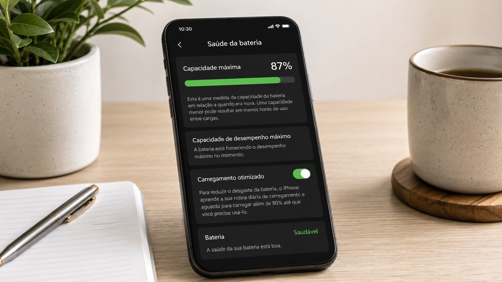 Smartphone exibindo informações de saúde da bateria, com capacidade máxima de 87% e indicador de condição da bateria.