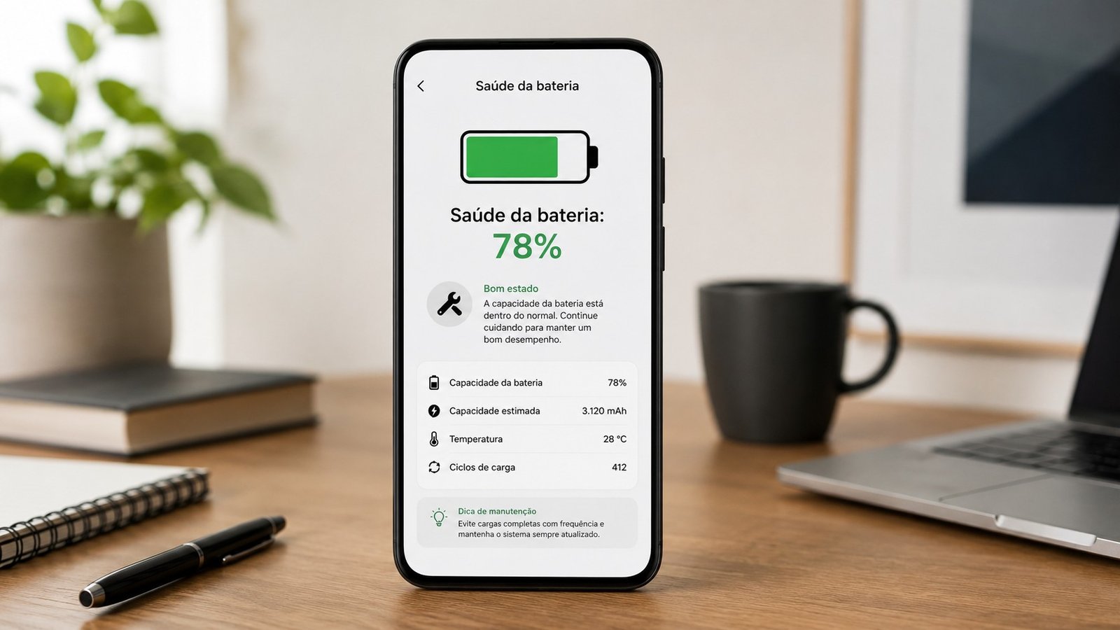 Smartphone exibindo saúde da bateria em 78% e informações de desgaste, ilustrando quando pode ser necessário trocar a bateria do celular.