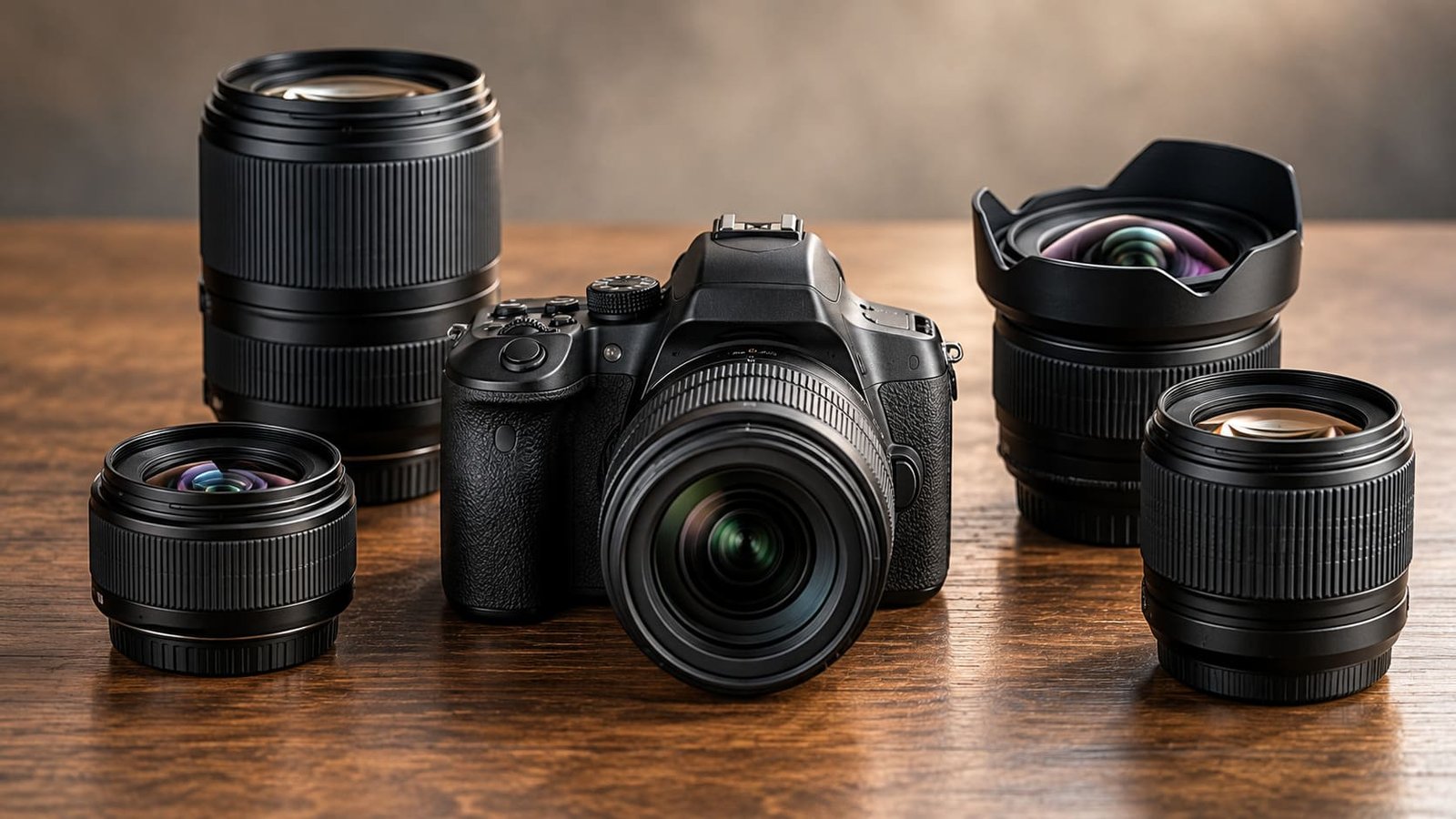 Câmera com lenstes sobre superfície que lembra uma bancada de madeira, ilustrando artigo 5 lentes para começar na fotografia sem gastar errado.