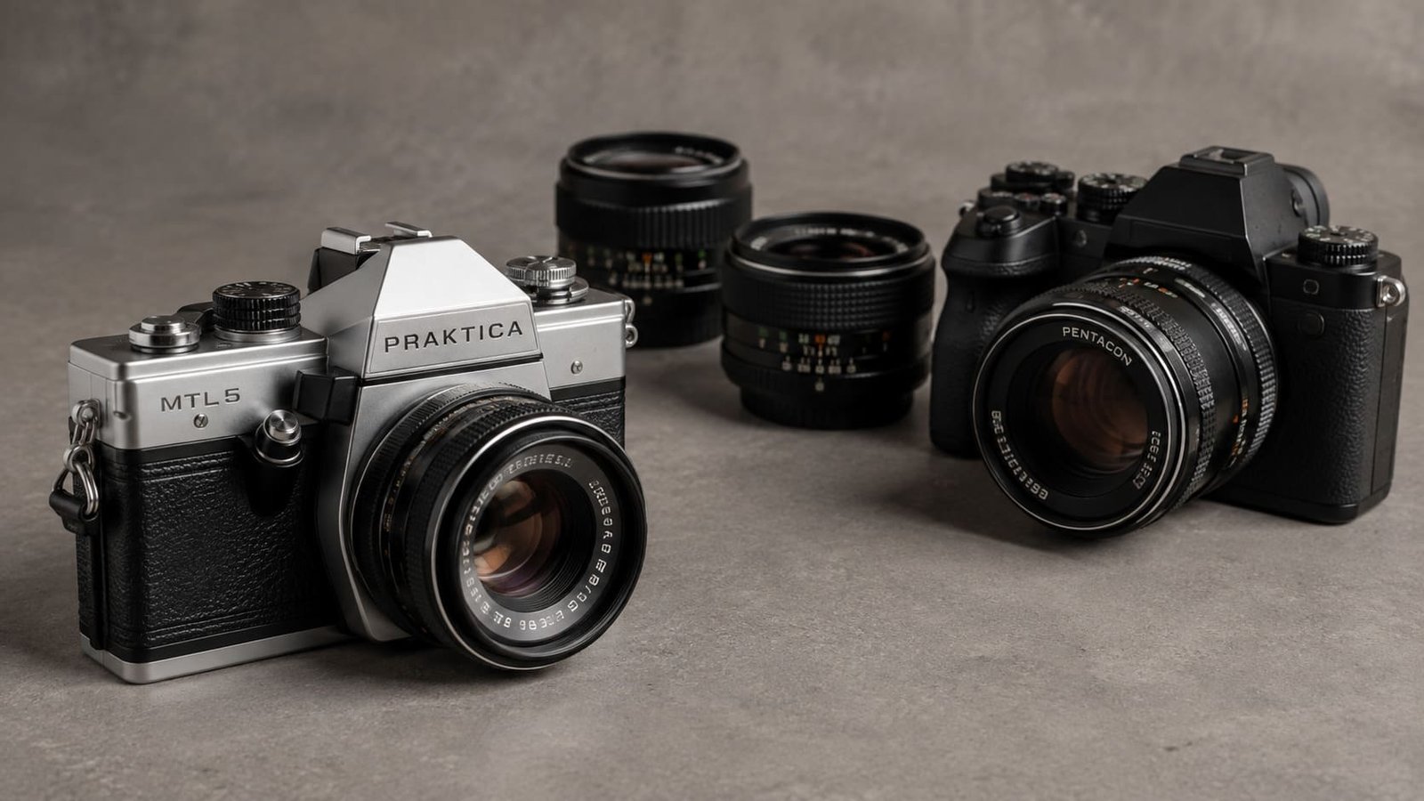 Dois modelos de Câmeras Vintage e Lentes Fotográficas, ilustrando artigo sobre Câmeras Praktica.