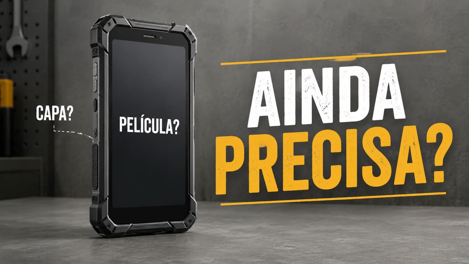Celular robusto escrito na tela Película e ao lado Ainda Precisa? ilustrando artigo Celular rugged ainda precisa de capa e película?