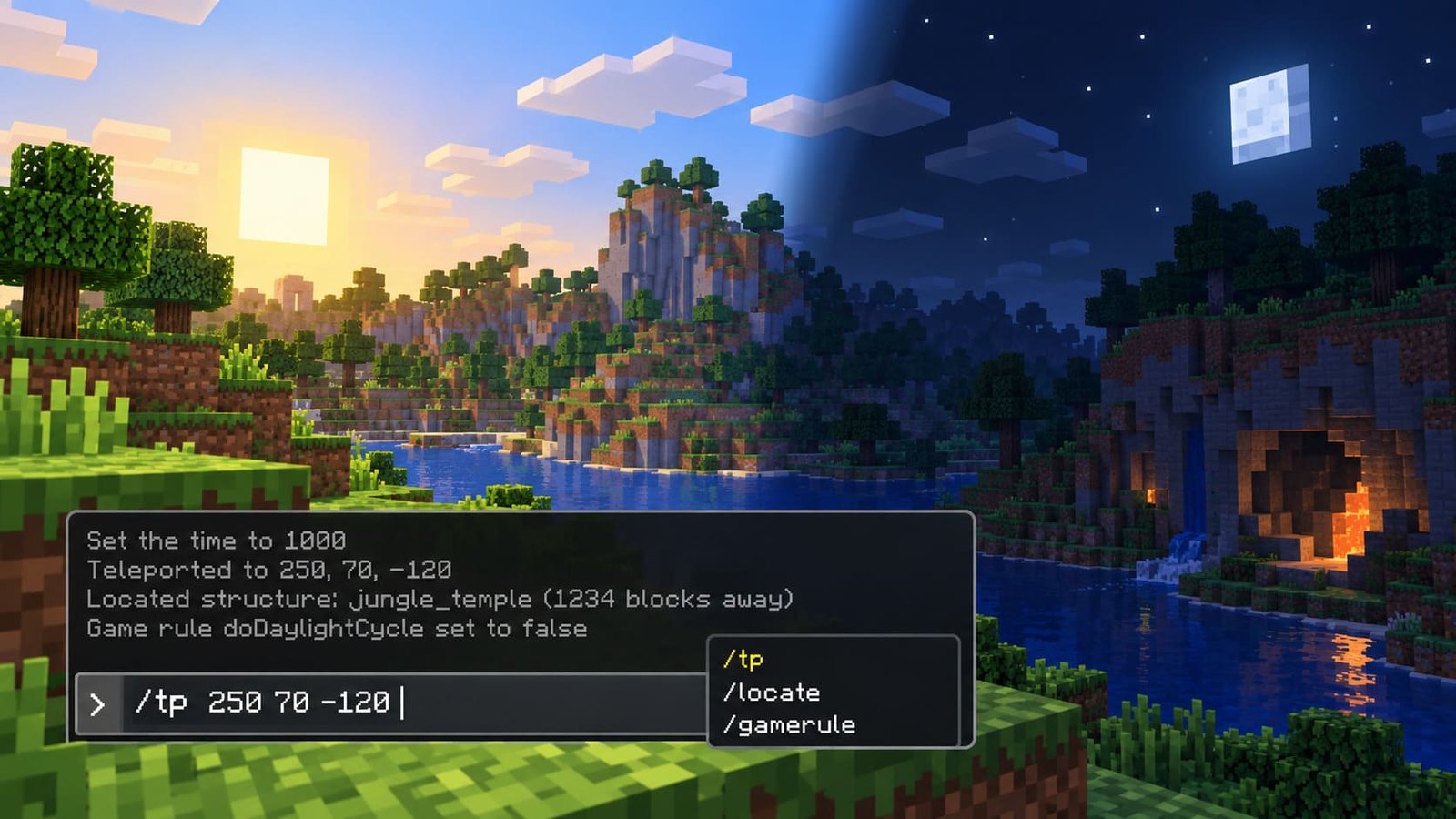 Comandos do Minecraft usados para teleportar, localizar estruturas e alterar regras do mundo.