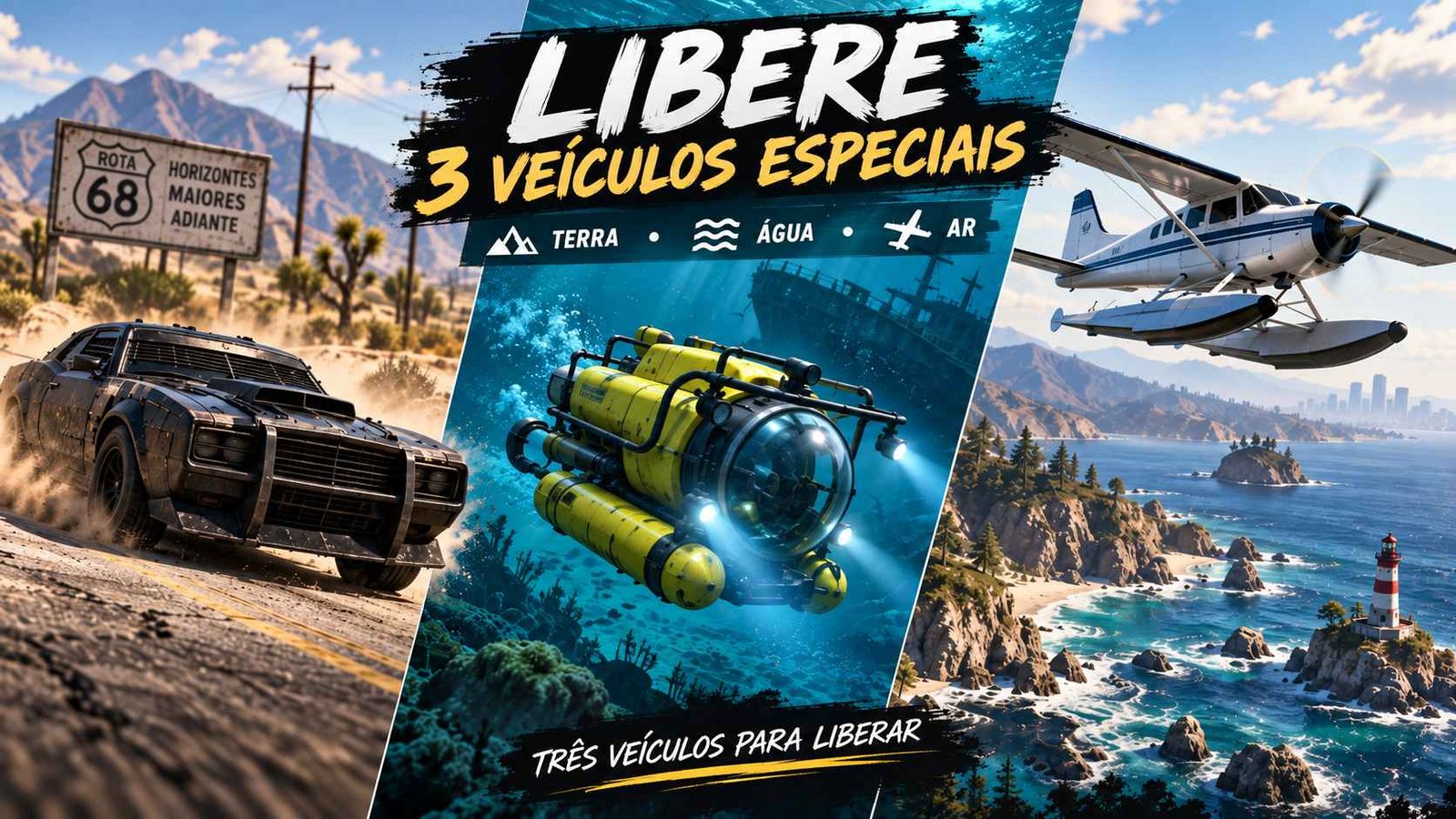 Duke O'Death, submarino Kraken e hidroavião Dodo no GTA V ilustrando artigo Como desbloquear no GTA 5.