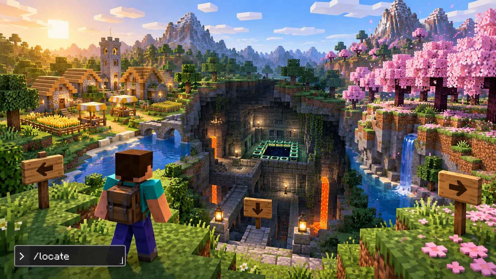 Cena alusiva a Minecraft com boneco e paisagem típica do jogo ilustrando artigo Como usar /locate no Minecraft