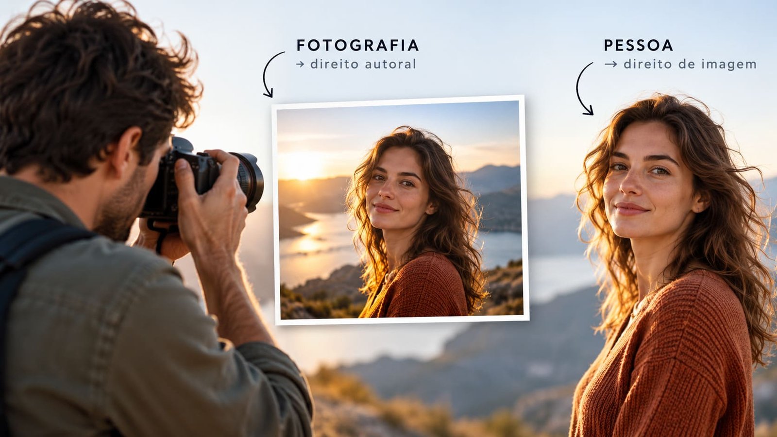 Fotógrafo registrando retraro e uma pessoa fotografada em frente, ilustrando artigo sobre Direitos autorais e direito de imagem são a mesma coisa?