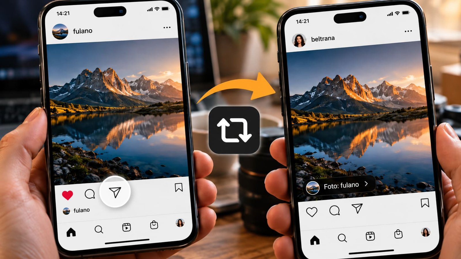 Duas telas de celular mostrando a mesma foto com símbolo de repostar entre eles, ilustrando artigo Foto encontrada no Instagram pode ser repostada?