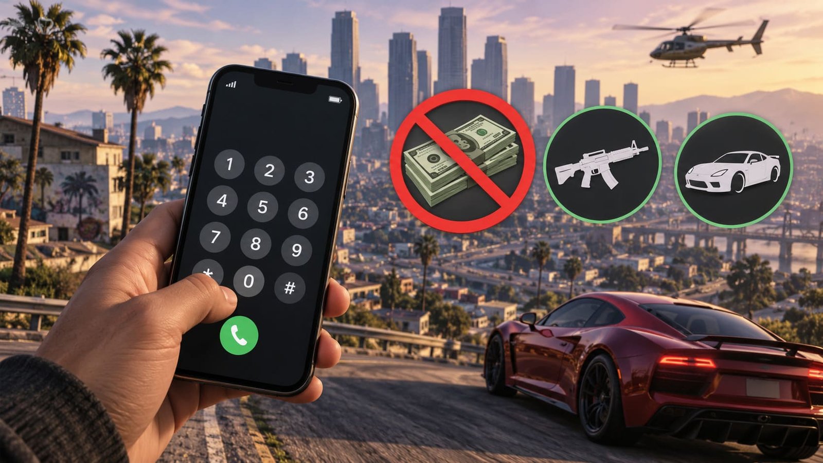 Uma mão segurando celular, ao fundo paisagem que remete a Los Santos, ilustrando artigo GTA V tem código de dinheiro?