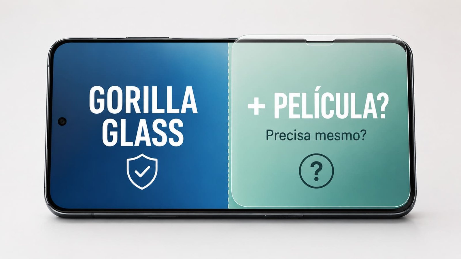 Celular com tela dividida, no lado esquerdo escrito Gorilla Glass e no outro + película ilustrando artigo Celular com Gorilla Glass ainda precisa de película?