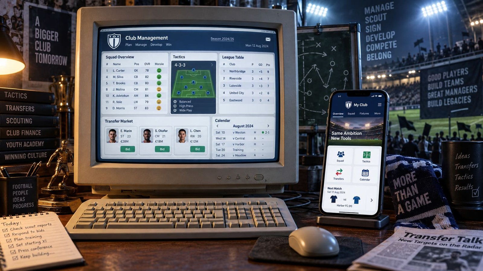 Tela de computador com visual anos 90, mostrando tela com gerenciamento de informações do jogo. Alusivo ao artigo Hattrick ainda existe?