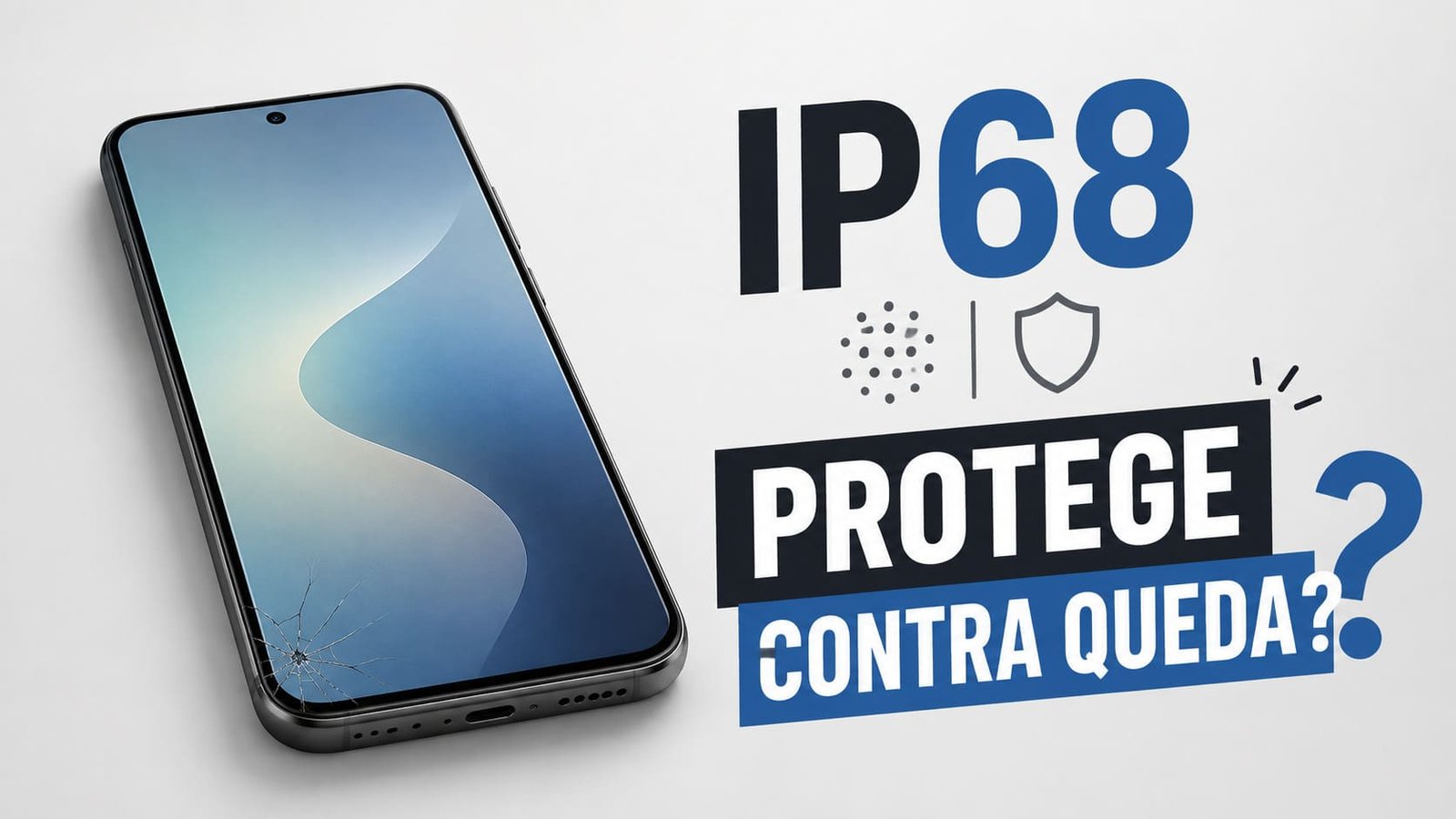 Celular com a quina quebrada, ao lado escrito IP68 Protege contra queda? Ilustrando artigo IP68 protege contra tela quebrada.