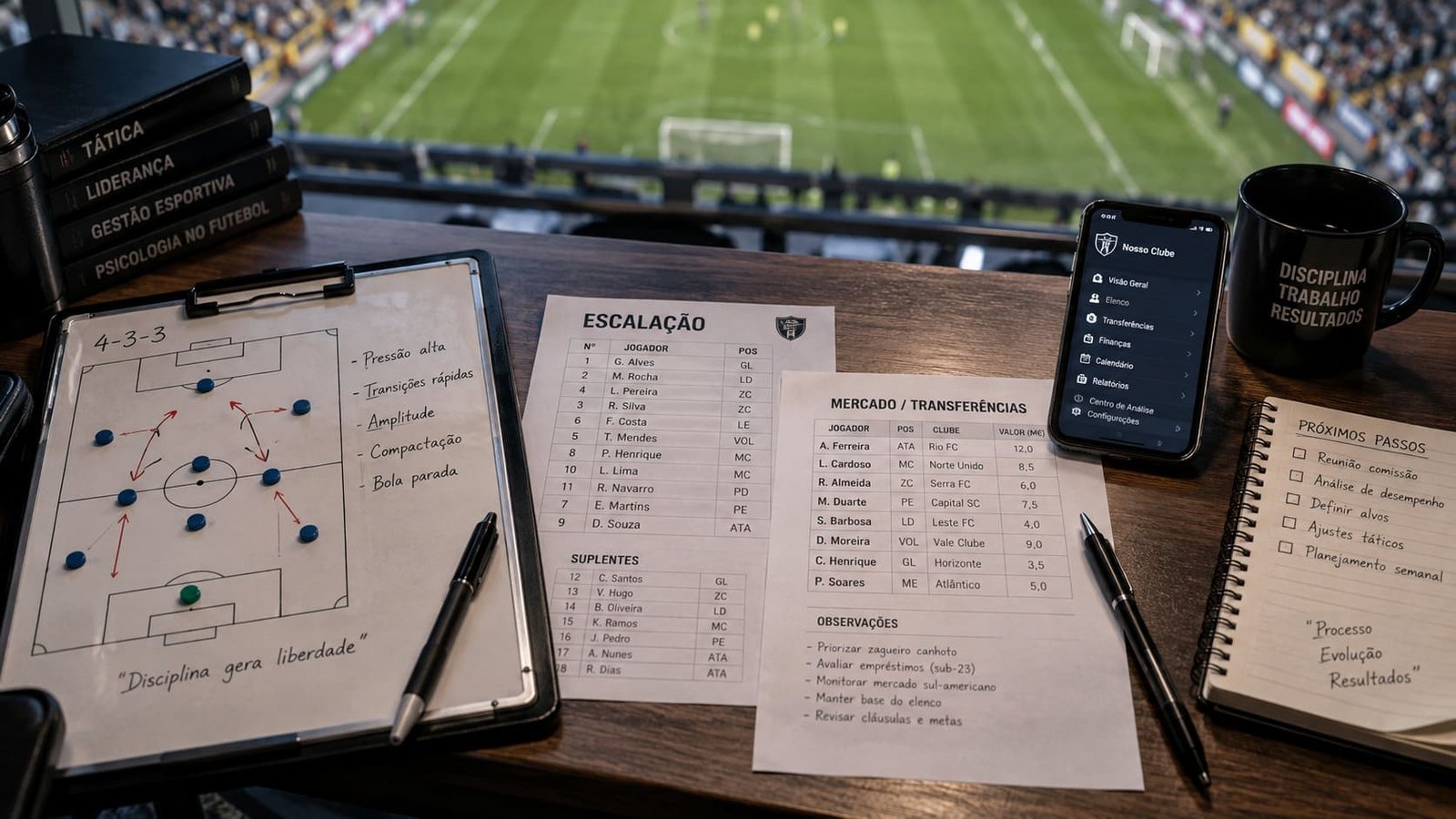 Tela de gerenciamento de futebol com escalação, tática e mercado de transferências ilustrando artigo Jogos de gerenciamento de futebol.