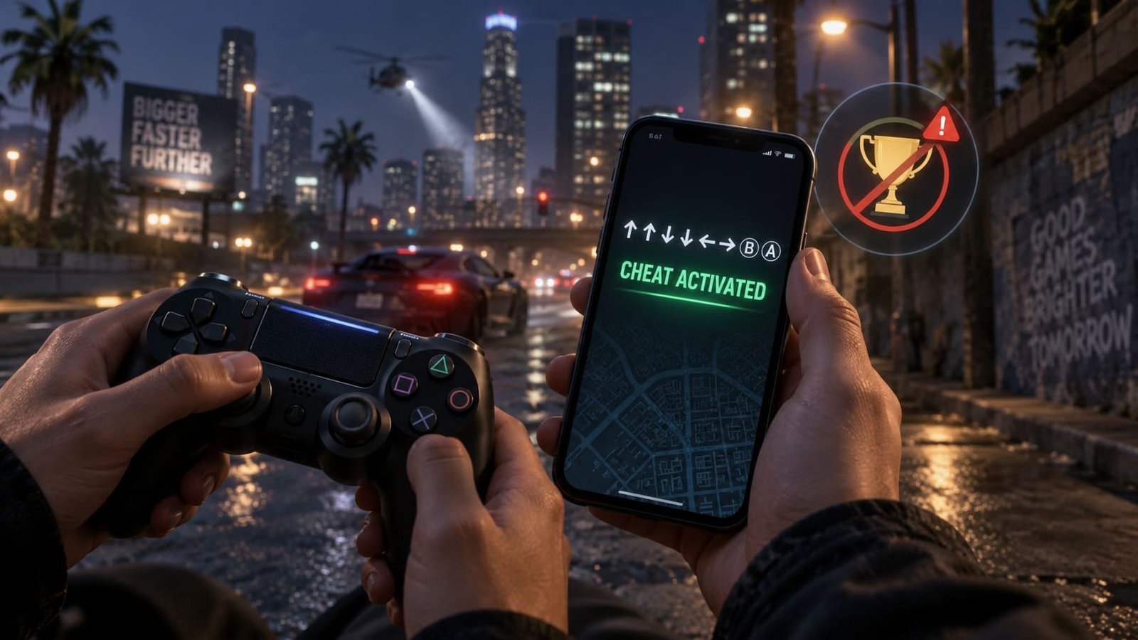 Mãos segurando controlalusivo a Playstation e outra segurando smartphone, ilustrando artigo Os cheats do GTA V bloqueiam troféus e conquistas?