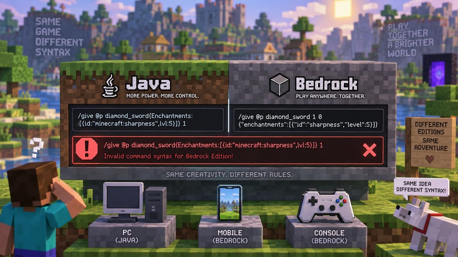 Tela alusiva ao ao cenário Minecraft, mostrando Java x Bedrock, ilustrando artigo Por que os comandos do Minecraft não funcionam?