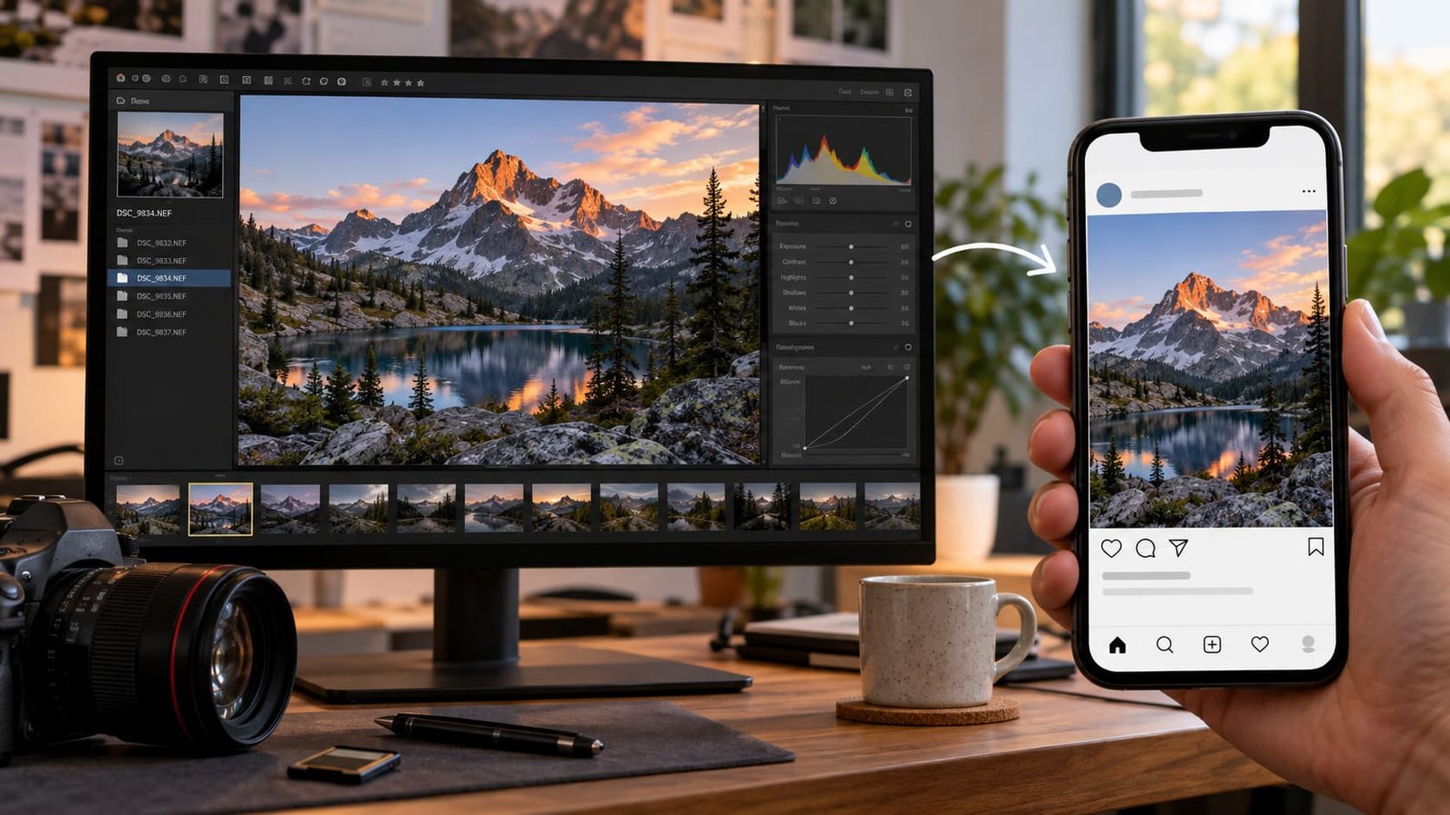 Tela do computador em ambiente de edição de imagens e tela de celular com a mesma foto alusivo ao ambiente do instagram, ilustrando artigo publicar uma foto no Instagram