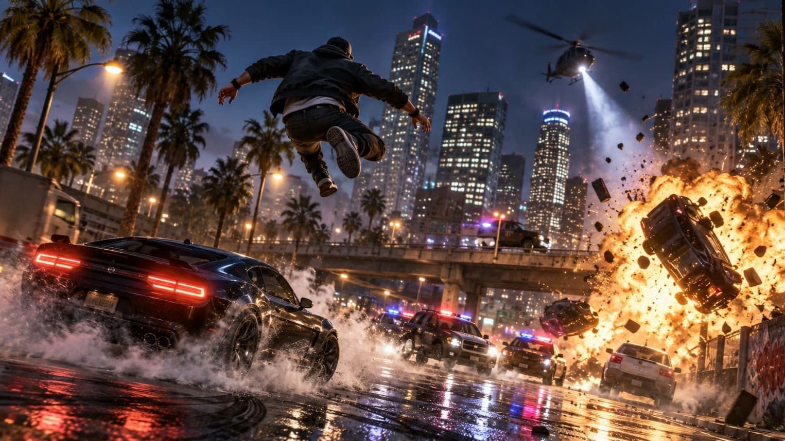 Vários cheats combinados criando explosões, gravidade reduzida e perseguição em GTA V, ilustrando artigo quais cheats do GTA V combinam melhor entre si?
