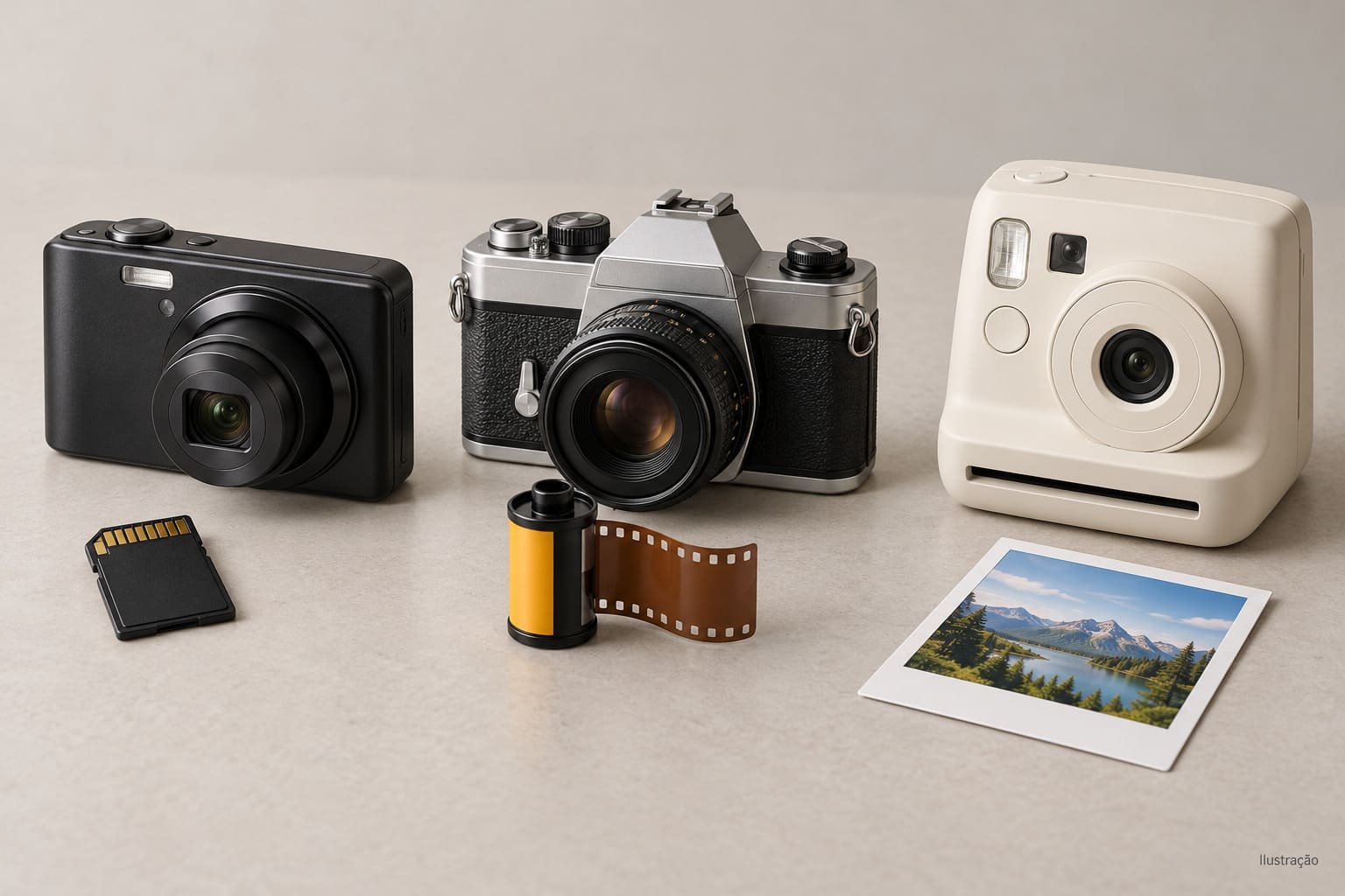 Três tipos de câmeras Kodak, ilustrando artigo Câmeras Kodak hoje.