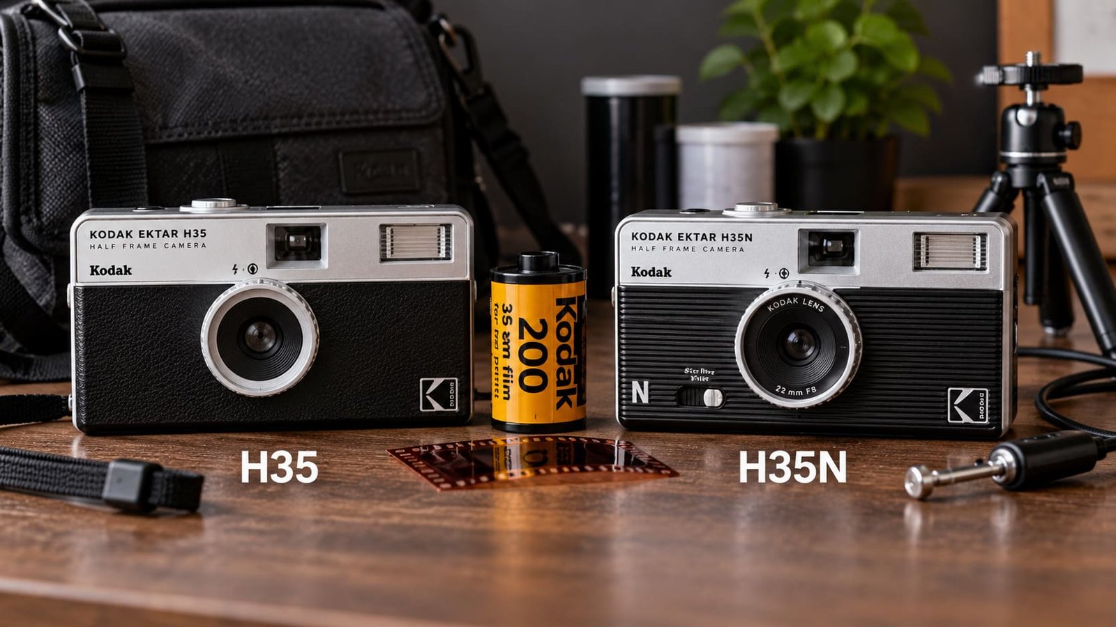 Câmeras Kodak H35 ou H35N sobre a mesa, lado a lado, com um rolo de filme entre elas.