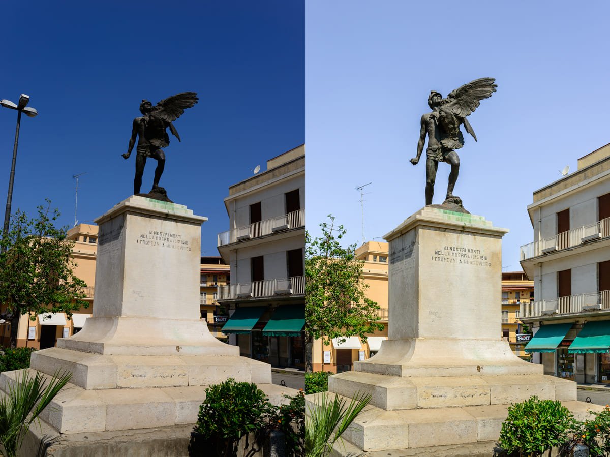 Comparação de uma fotografia de monumento antes e depois da revelação de arquivo RAW, mostrando ajustes de luminosidade e sombras ilustrando artigo Por que guardar o RAW depois de exportar a foto?