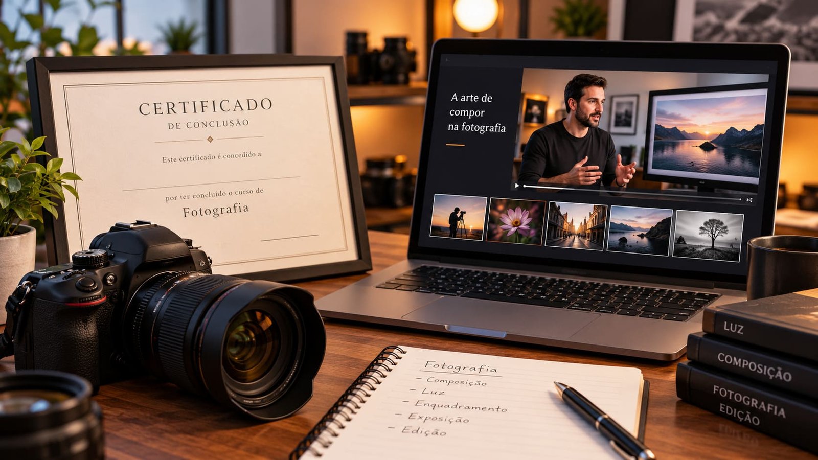 Certificado à esquerda, câmera sobre a mesa, caderno e caneta, livros à direita e tela com professor em aula virtual ilustrando artigo Curso livre de fotografia é reconhecido pelo MEC?