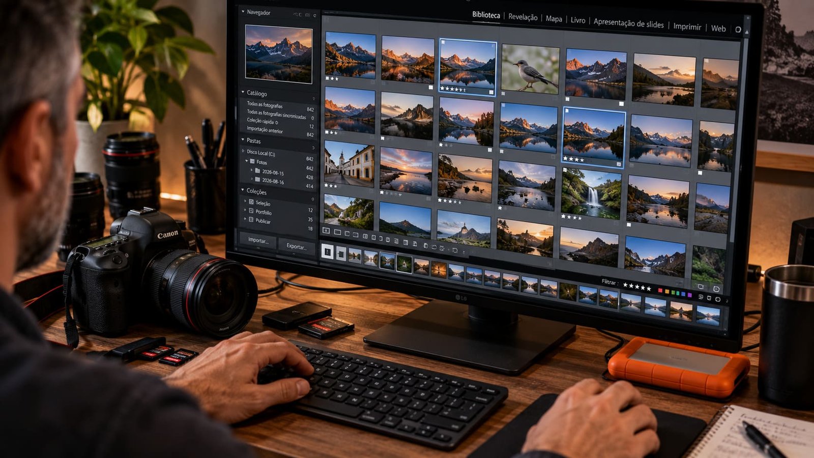Pessoa em frente à tela do computador exibindo tela de edição de fotos, ilustrando artigo Adobe Stock paga quanto por foto? Entenda os valores ilustrando artigo antes de começar