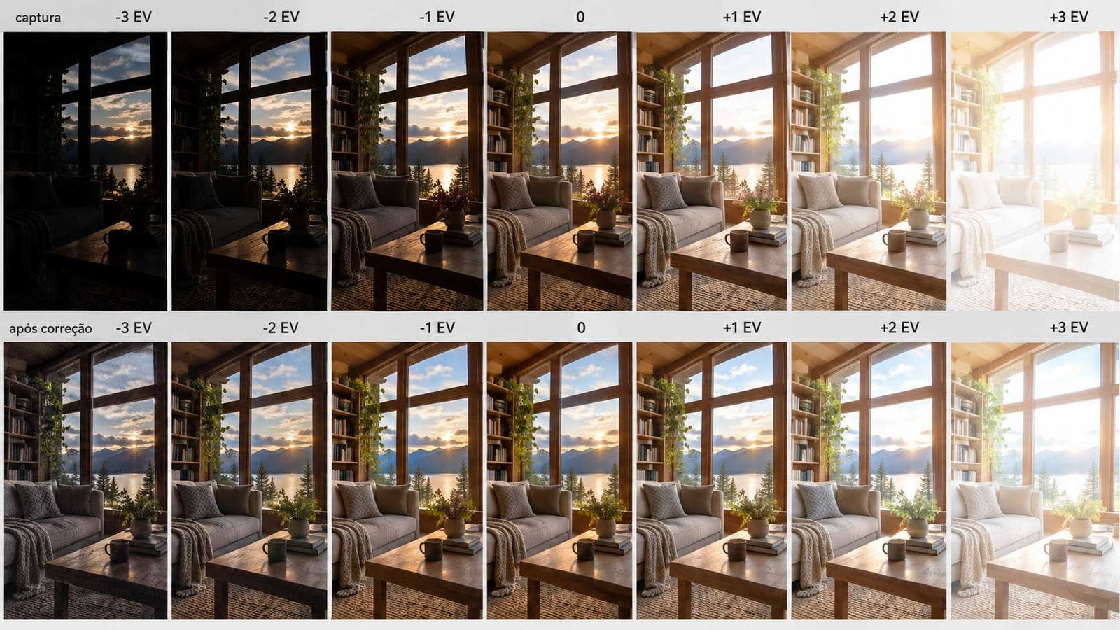 Cena visualizada em diferentes situações de EV, ilustrando artigo Latitude na fotografia.