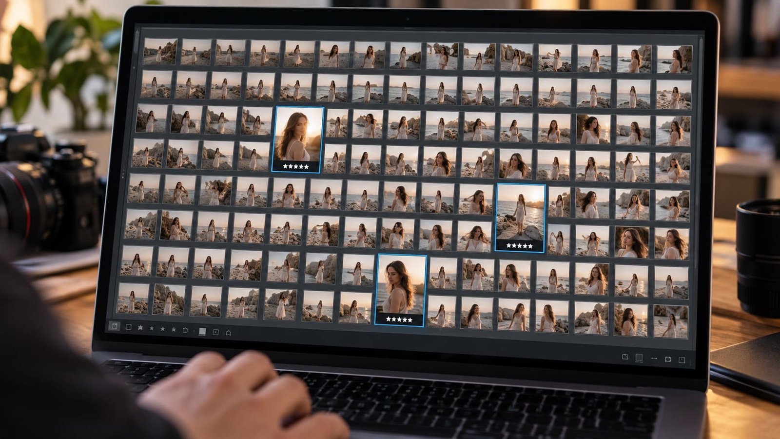 Tela de computador mostrando inúmeras imagens de software de edição de imagens, ilustrando artigo Preciso registrar todas as fotografias?