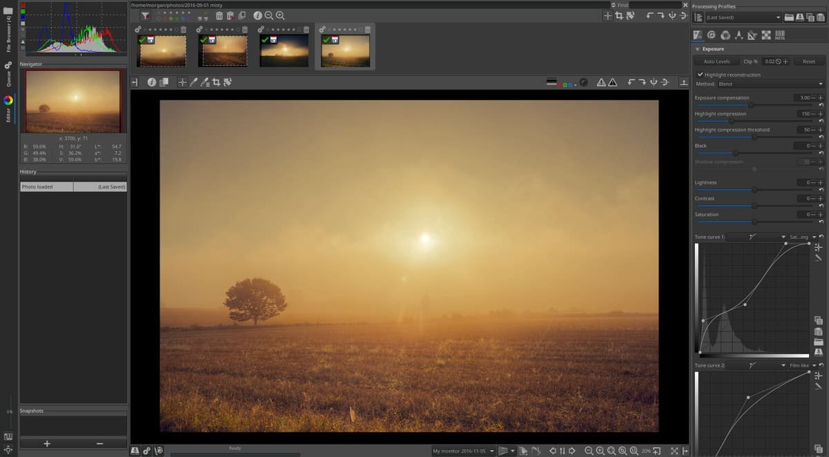 Interface do RawTherapee exibindo fotografia de paisagem durante o processamento RAW ilustrando artigo Pixels e tamanho do arquivo: por que MP não são MB?